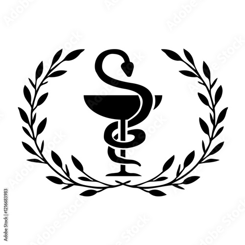 Logo con símbolo caduceo farmacia con silueta de culebra y copa en corona de laurel 