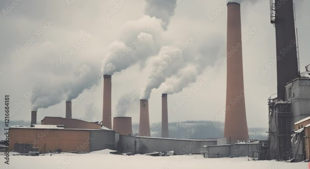 Medium smoke billowing from a factory chimney on a cold winter day Medium smoke billowing from a factory chimney on a cold winter day
