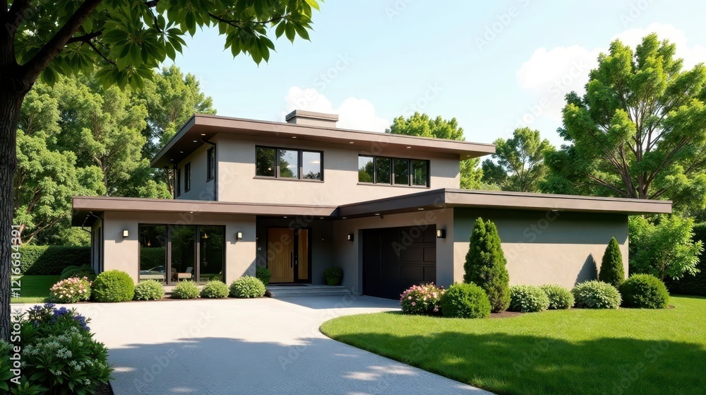 Modern Two-Story House with Attached Garage and Landscaped Yard Featuring a Smooth Driveway and Lush Greenery Under a Sunny Sky