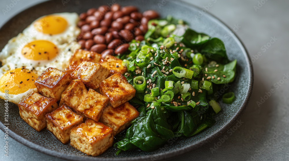 Fototapeta premium A nutritious meal featuring fried tofu, eggs, beans, and spinach on a gray plate, beautifully arranged in 2019