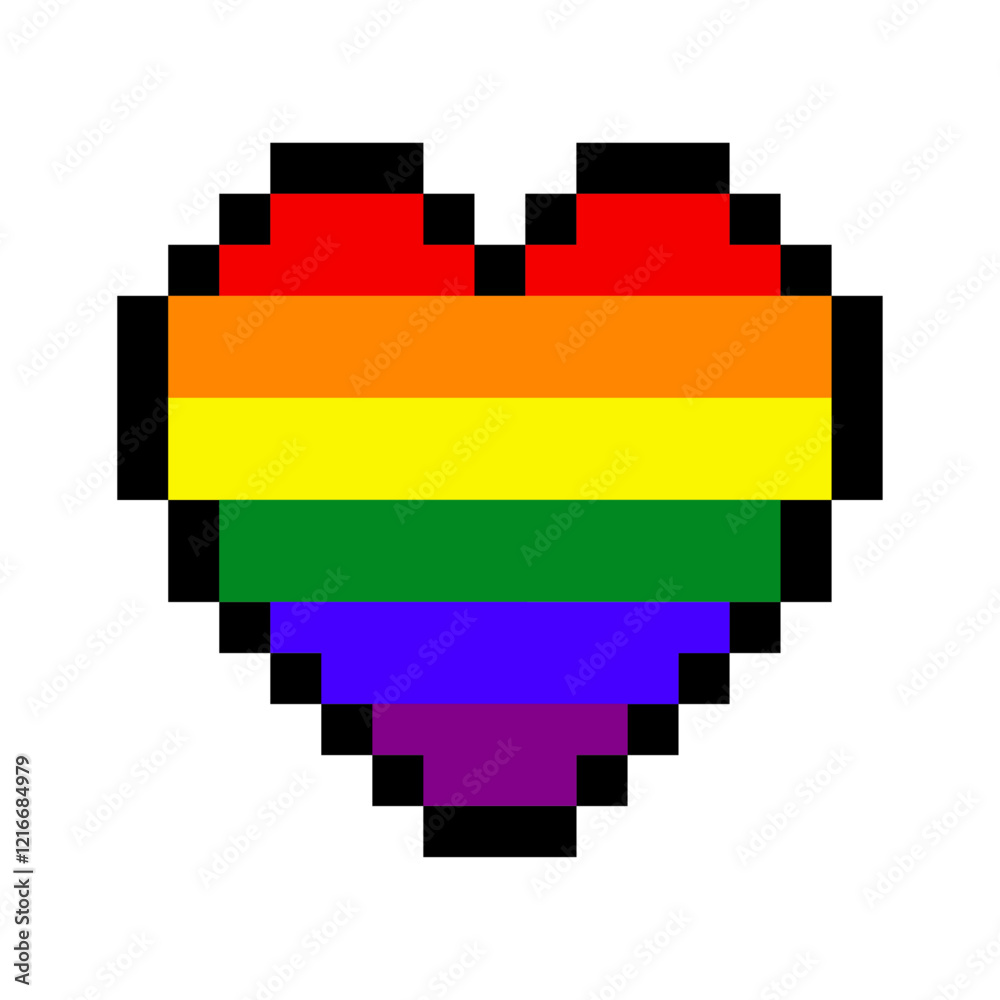 Logo lgbt. Mes del orgullo. Corazón estilo arcade con pixels con los colores de la bandera arcoiris Logo lgbt. Mes del orgullo. Corazón estilo arcade con pixels con los colores de la bandera arcoiris