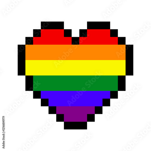 Logo lgbt. Mes del orgullo. Corazón estilo arcade con pixels con los colores de la bandera arcoiris