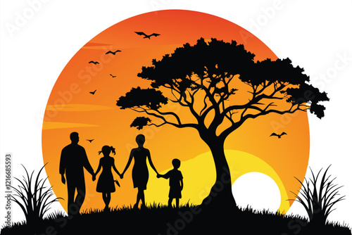 A family is silhouetted against a sunset background