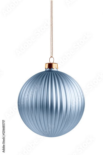 Realistic light blue ribbed glossy christmas ball with ribbon isolated on a transparent background, PNG. High resolution.