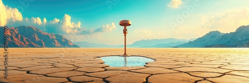 Desert landscape, futuristic structure, water puddle, sunset mountains, climate change