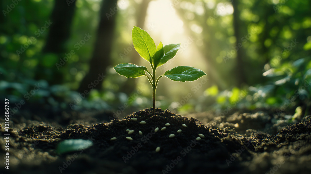 New tree sprouts from rich soil in a sunlit forest, showcasing nature\'s growth against a serene backdrop New tree sprouts from rich soil in a sunlit forest, showcasing nature\'s growth against a serene backdrop