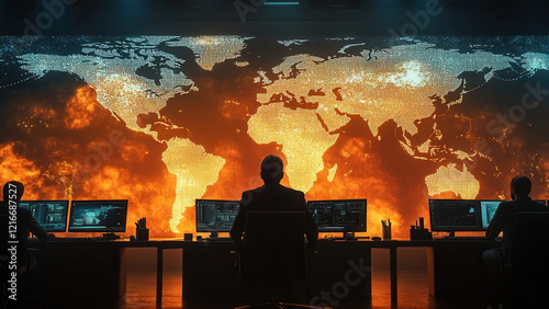 Professionals analyze global data at their desks, monitoring world maps and data points in a national security operations center