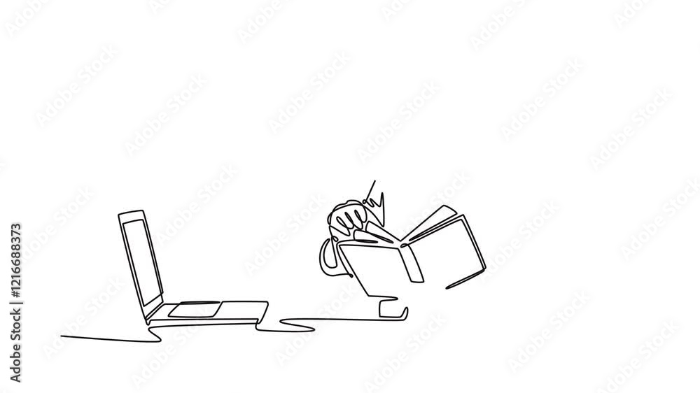 Book reading concept. Single line draw design. Full length animation illustration. High quality 4k footage. Book reading concept. Single line draw design. Full length animation illustration. High quality 4k footage.