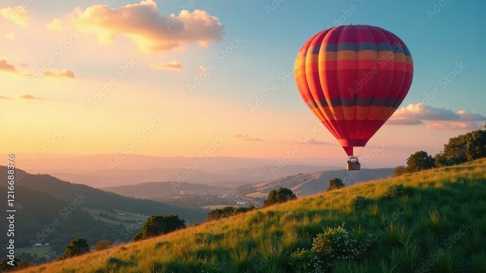 Obraz premium A vibrant hot air balloon gracefully ascends over a picturesque landscape, bathed in the warm glow of a breathtaking sunset, offering a tranquil and awe-inspiring view of rolling hills and valleys.
