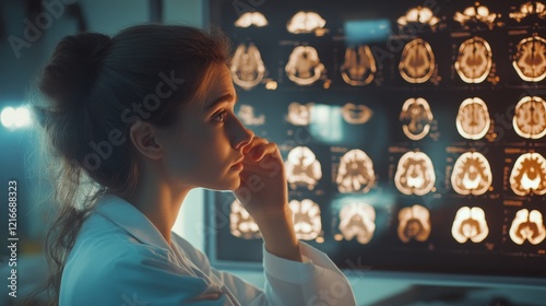 Doctor analyzing brain scans for potential disease or damage in medical clinic, focusing on neurological health diagnosis and advanced imaging technology photo
