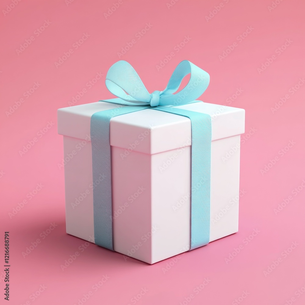 Obraz premium White gift box with blue ribbon on pink background