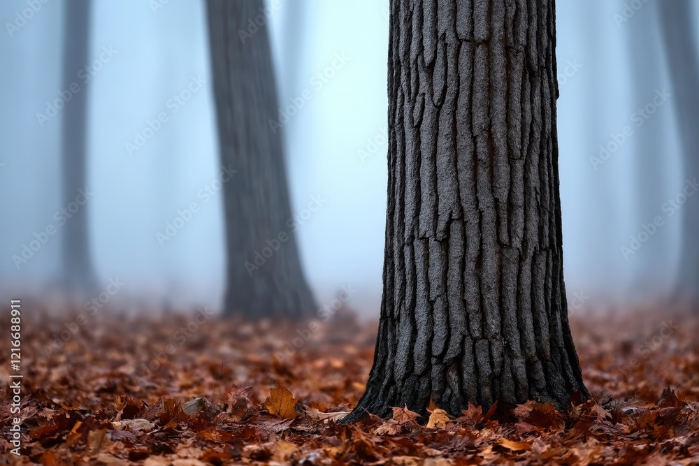 A close-up of a tree trunk in a foggy autumn forest, surrounded by fallen orange leaves, creating a moody and tranquil scene A close-up of a tree trunk in a foggy autumn forest, surrounded by fallen orange leaves, creating a moody and tranquil scene
