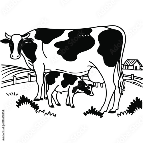 Australian cow and calf dairy farm vector silhouette line art