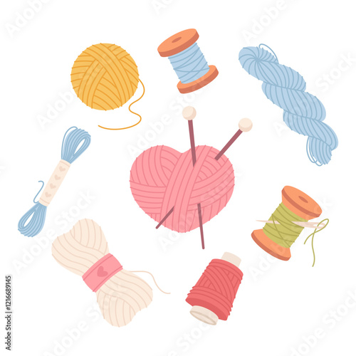 Threads and yarn for knitting, illustration on white background