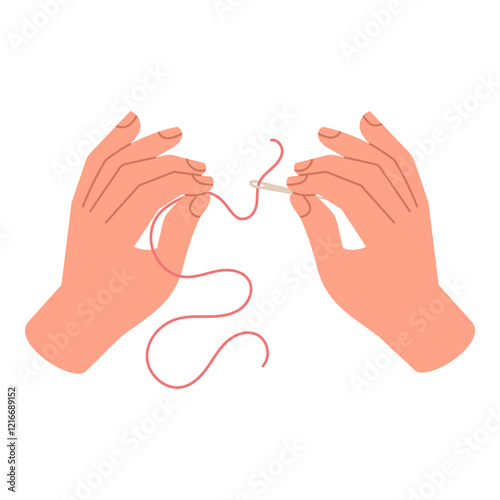 Hands threading a needle for sewing, illustration on white background