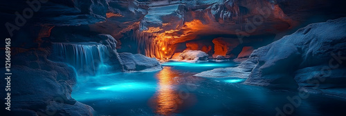 Bioluminescent Canyon of Glowing Shadows canyon where rock alive bioluminescence casting long shadow unimaginable shade of dark turquoise bright orange electric violet shadow themselves seem glow photo