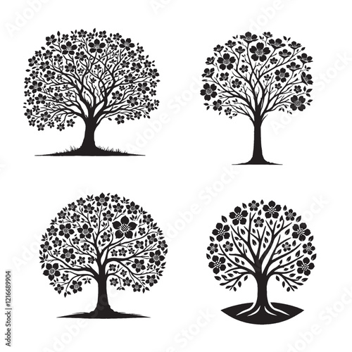 "Vector Detailed Black Silhouette of the Pacific Dogwood Tree on White Background"