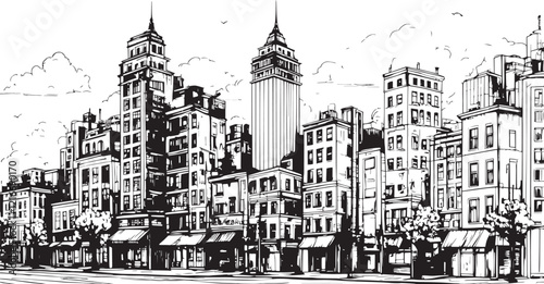 City landscape. Line urban backdrop, different buildings on street, doodle street draw, outline cityscape hand sketch, flat houses. Hand drawn vector illustration