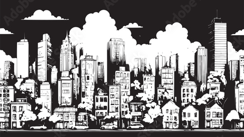 City landscape. Line urban backdrop, different buildings on street, doodle street draw, outline cityscape hand sketch, flat houses. Hand drawn vector illustration