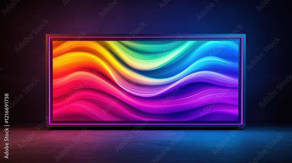 Digital art creativity and interactive, A vibrant, colorful wave pattern displayed on a screen, featuring smooth gradients of rainbow hues against a dark background. Digital art creativity and interactive, A vibrant, colorful wave pattern displayed on a screen, featuring smooth gradients of rainbow hues against a dark background.