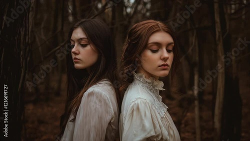 Two young women in vintage dresses stand back-to-back in a dark, mysterious forest. This evocative scene creates a mood of contemplation, sisterhood, and secrets.  