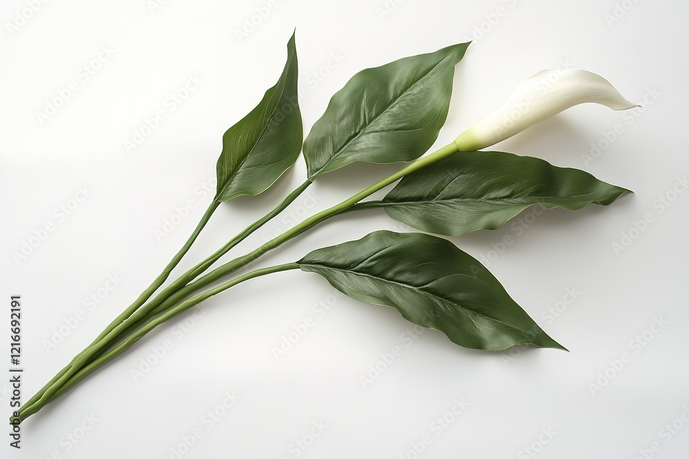 Obraz premium Elegant Single Calla Lily with Lush Green Leaves on White Background, Perfect for Floral Designs and