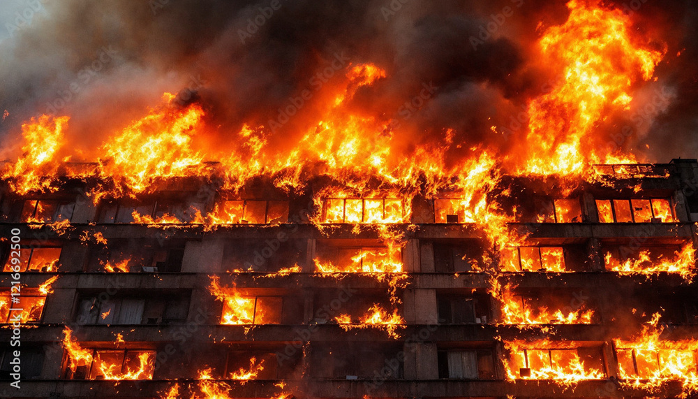 Large residential building engulfed in flames during intense fire incident at night in an urban area Large residential building engulfed in flames during intense fire incident at night in an urban area
