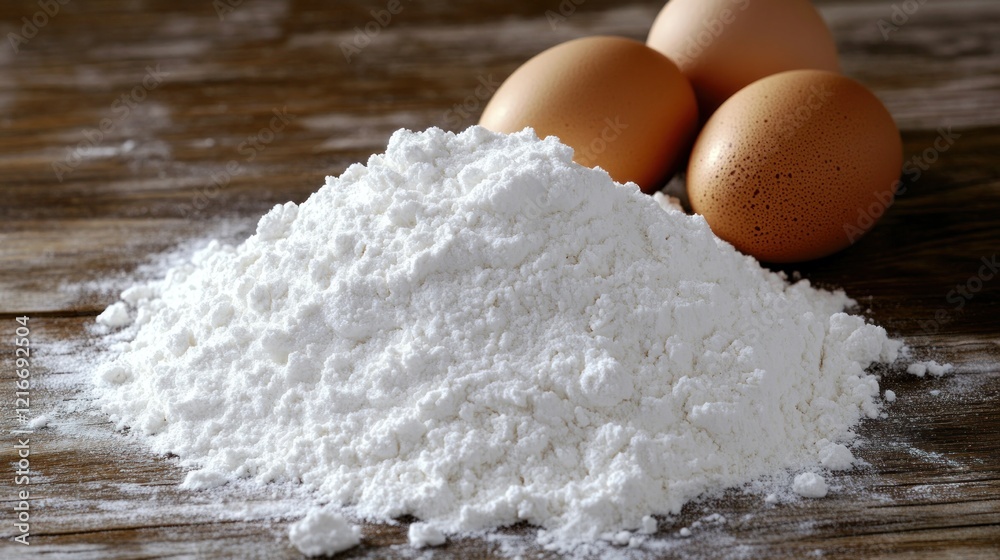 Flour and Eggs on Wooden Surface Flour and Eggs on Wooden Surface
