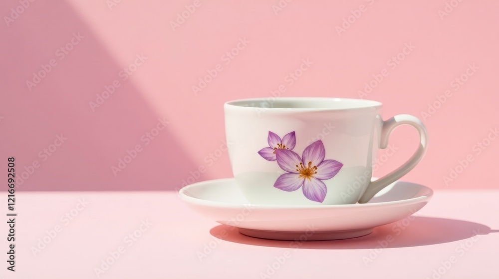 A delicate teacup with floral design, resting on a saucer against a soft pink backdrop, bathed in gentle sunlight A delicate teacup with floral design, resting on a saucer against a soft pink backdrop, bathed in gentle sunlight