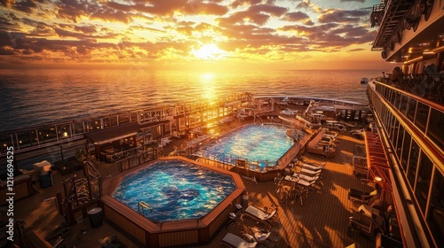 Ocean cruise ship sunset pool deck relaxation