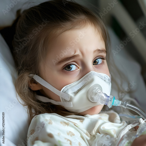 Child in hospital. Child is sick. A little girl breathes through an oxygen mask. The child breathes through a nebulizer. Health concept. ai generator