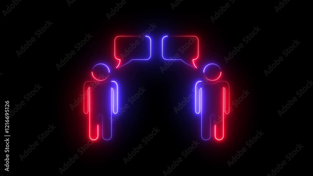 Conversation of two people talking and discussing in blue neon on a black background.Two businessmen discussing using message icons Conversation of two people talking and discussing in blue neon on a black background.Two businessmen discussing using message icons