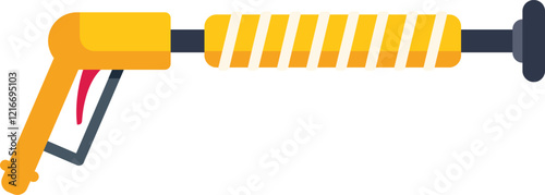 Yellow and black spray gun lying horizontally and pointing right on white background