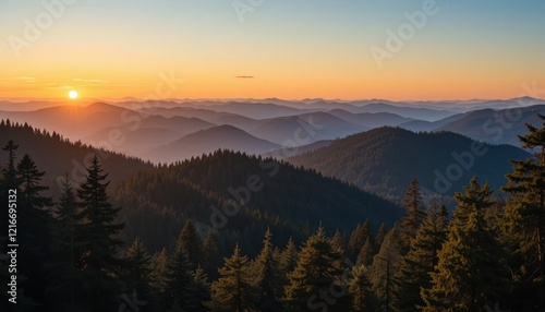 Sunset over mountain range, hazy sky, evergreen forest, panoramic view, travel poster
