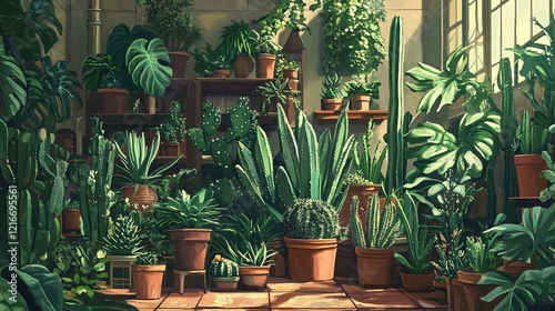 An assortment of diverse houseplants, featuring cacti, succulents, ferns, and more.  photo