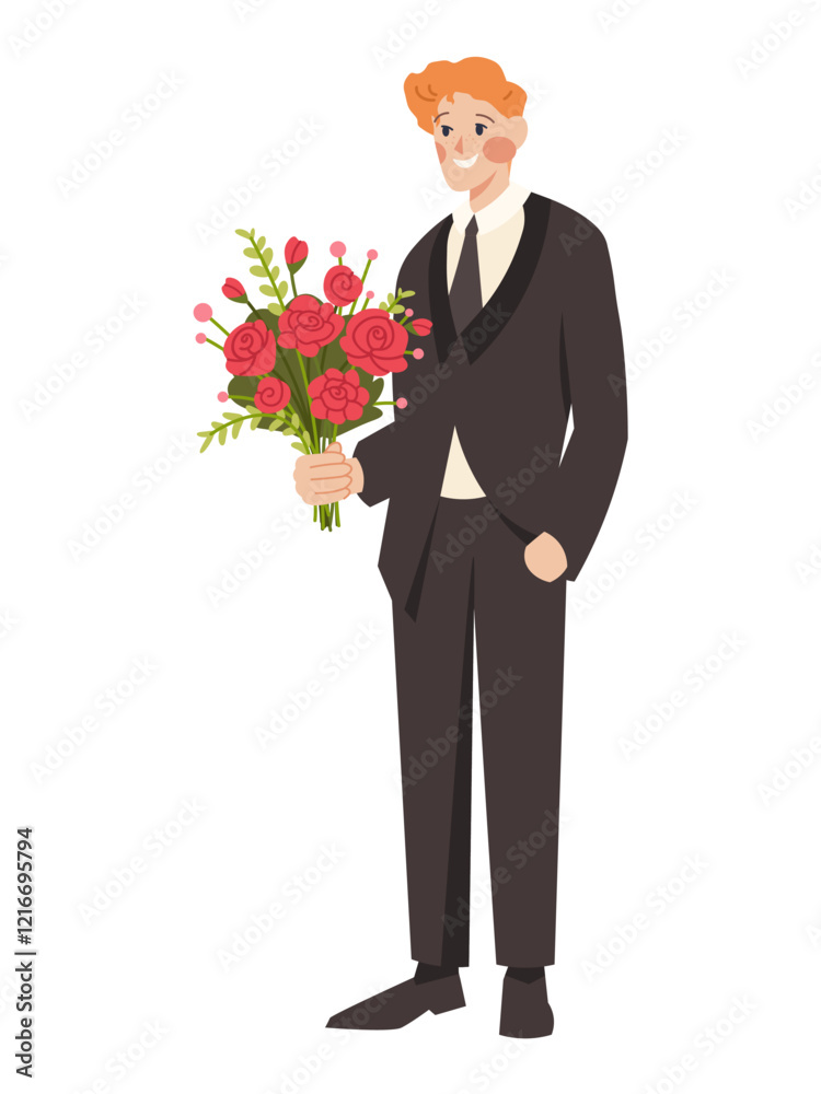 Tall man with flowers. Groom in black suit holds bouquet of roses. Flat vector character Tall man with flowers. Groom in black suit holds bouquet of roses. Flat vector character