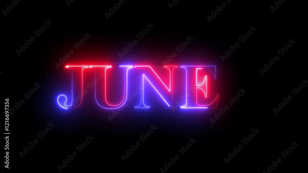 Glowing colorful neon text month of June. Neon light sign with the name of the month of June. Abstract glowing June text neon light effect background animation. 3d illustration rendering video