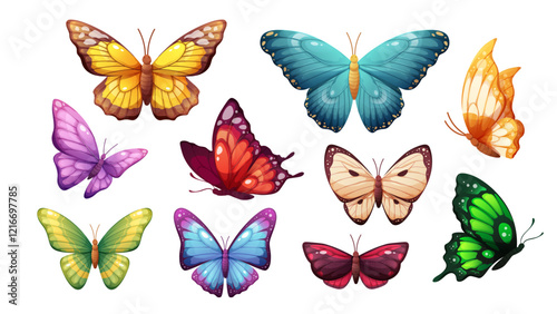 Set of colorful butterflies on white background. Vector butterflies, winged insects. Isolated spring elements