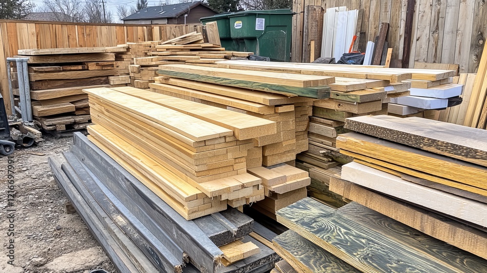 Fototapeta premium An assortment of wooden planks, cut into various lengths, stacked in an orderly manner, forming a pile at a residential property. 