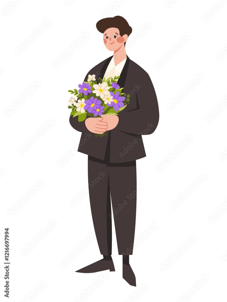 Man with flowers. Groom in black suit holds bouquet of flowers. Flat vector character Man with flowers. Groom in black suit holds bouquet of flowers. Flat vector character