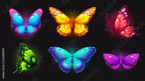 Neon butterflies set. Brightly glowing winged insects. Vector butterfly with neon glow