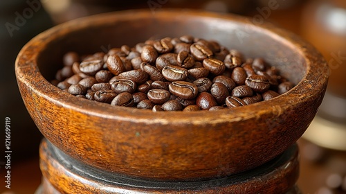 Roasted coffee beans in wooden bowl, grinder background, close-up, food photography photo