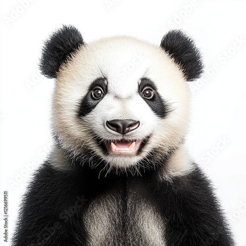 panda. small smiling, native, smile. on isolated white background close up. playful mood