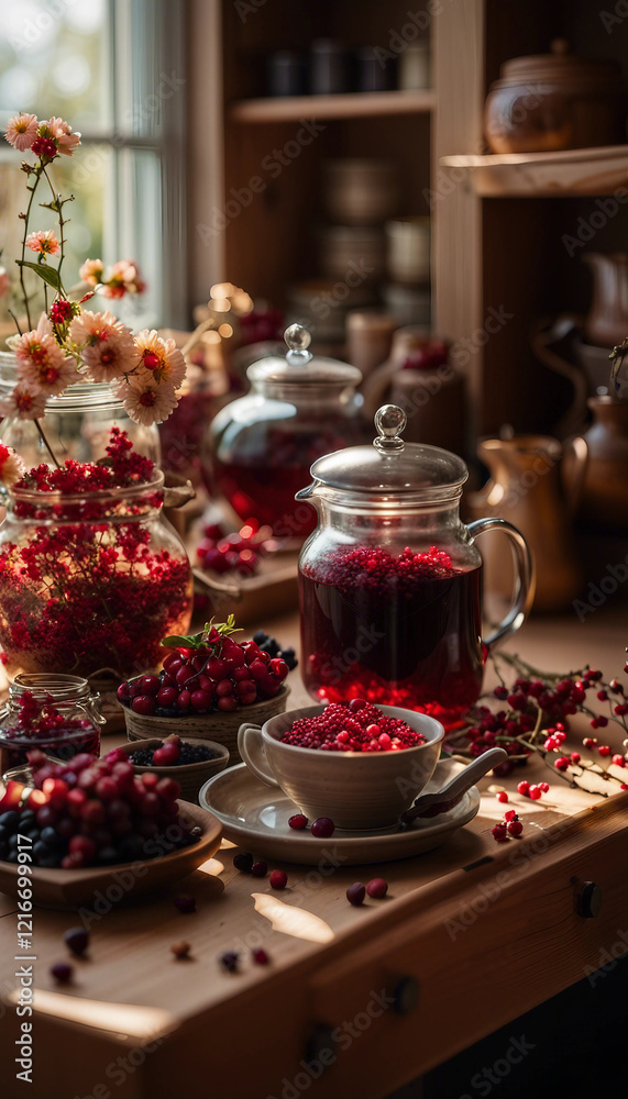 A warm kitchen with natural light highlighting fresh fruits and a pot of herbal tea. The organic setup evokes a feeling of comfort, rustic charm, and a healthy lifestyle.
A warm kitchen with natural light highlighting fresh fruits and a pot of herbal tea. The organic setup evokes a feeling of comfort, rustic charm, and a healthy lifestyle.