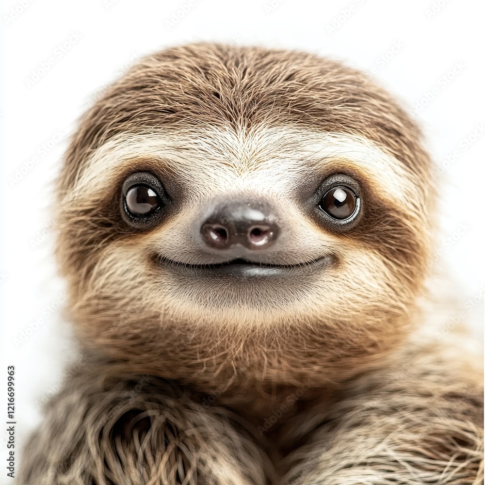 Fototapeta premium sloth. small smiling, native, smile. on isolated white background close up. playful mood.