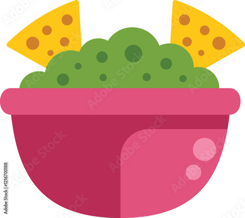 This illustration shows a pink bowl containing guacamole and two tortilla chips, representing a common appetizer