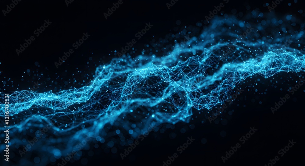 Waving abstract flow. interconnected blue lines and dots against a dark background. dynamic and futuristic, suggesting connectivity, technology, or the digital world.