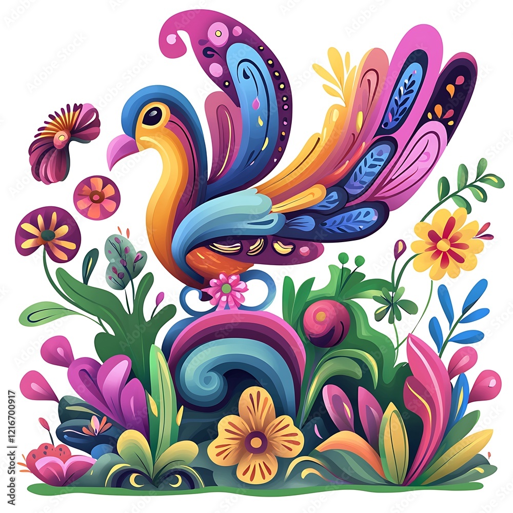 Obraz premium Vibrant Colorful Bird in Floral Paradise Whimsical Digital Illustration.