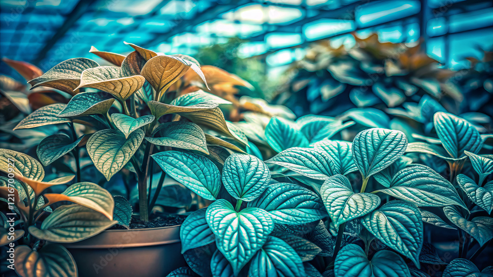 Obraz premium Lush greenhouse plants with vibrant leaves create serene atmosphere