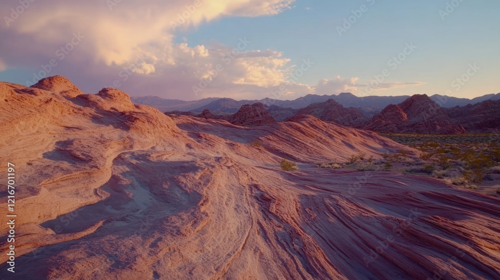 Fototapeta premium Valley of Fire State Park: Sunset Hues Over Sandstone Ridges